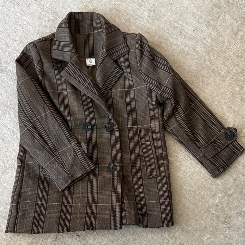Women's Brown Plaid Double-Breasted Blazer Jacket